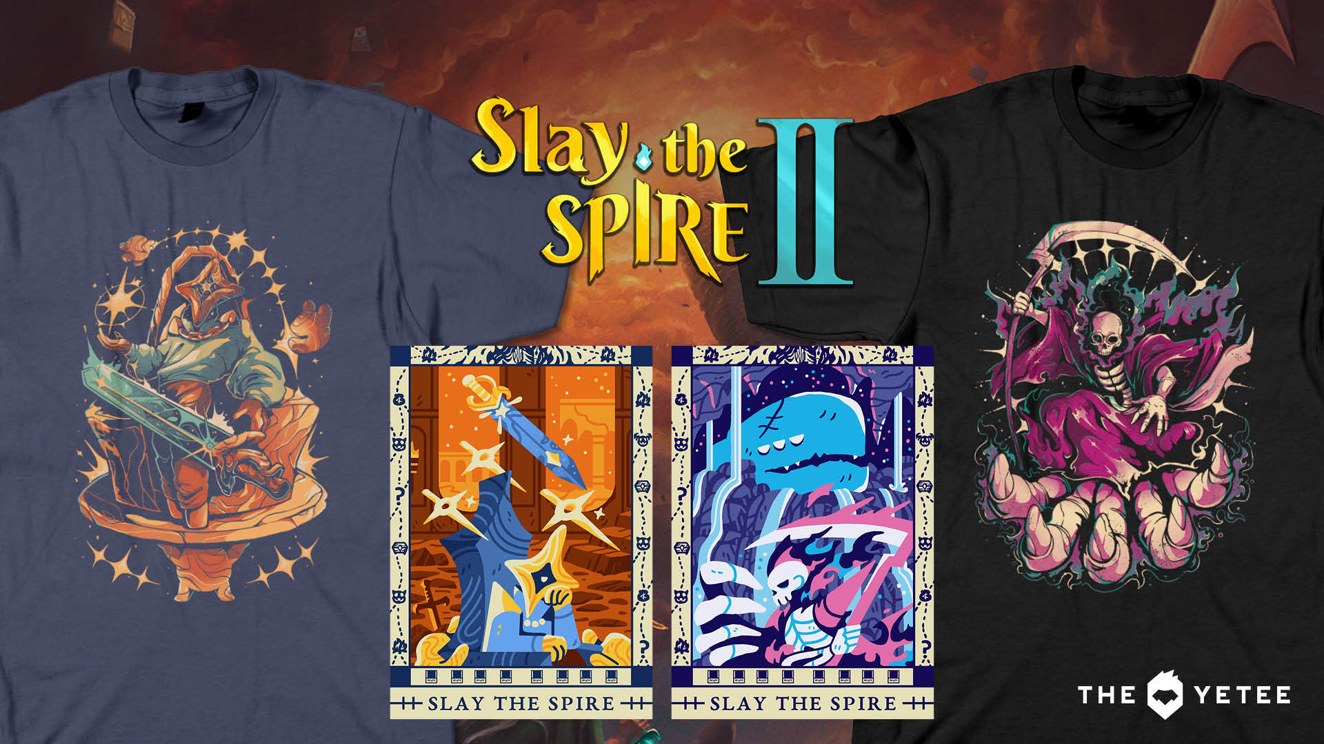 Promo image of The Yetee&rsquo;s Regent tee, Necrobinder tee, Regent tarot-style print, and Necrobinder tarot-style print.